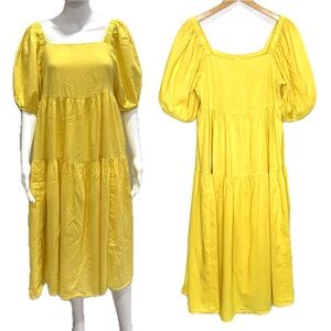 Old Navy Tiered Ruffle Babydoll Midi Dress Size Small Yellow Puff Sleeve Cottage